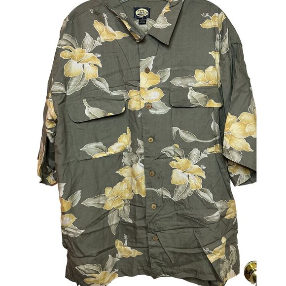 Tommy Bahama | Men's XL | Rayon Gray with Yellow Hibiscus Flower Hawaiian Shirt - Picture 2 of 7